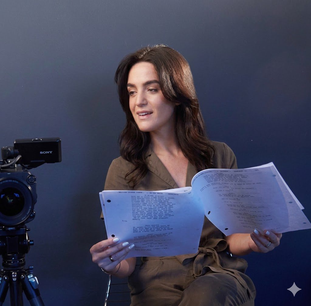Casting director reading a script and looking at a camera 