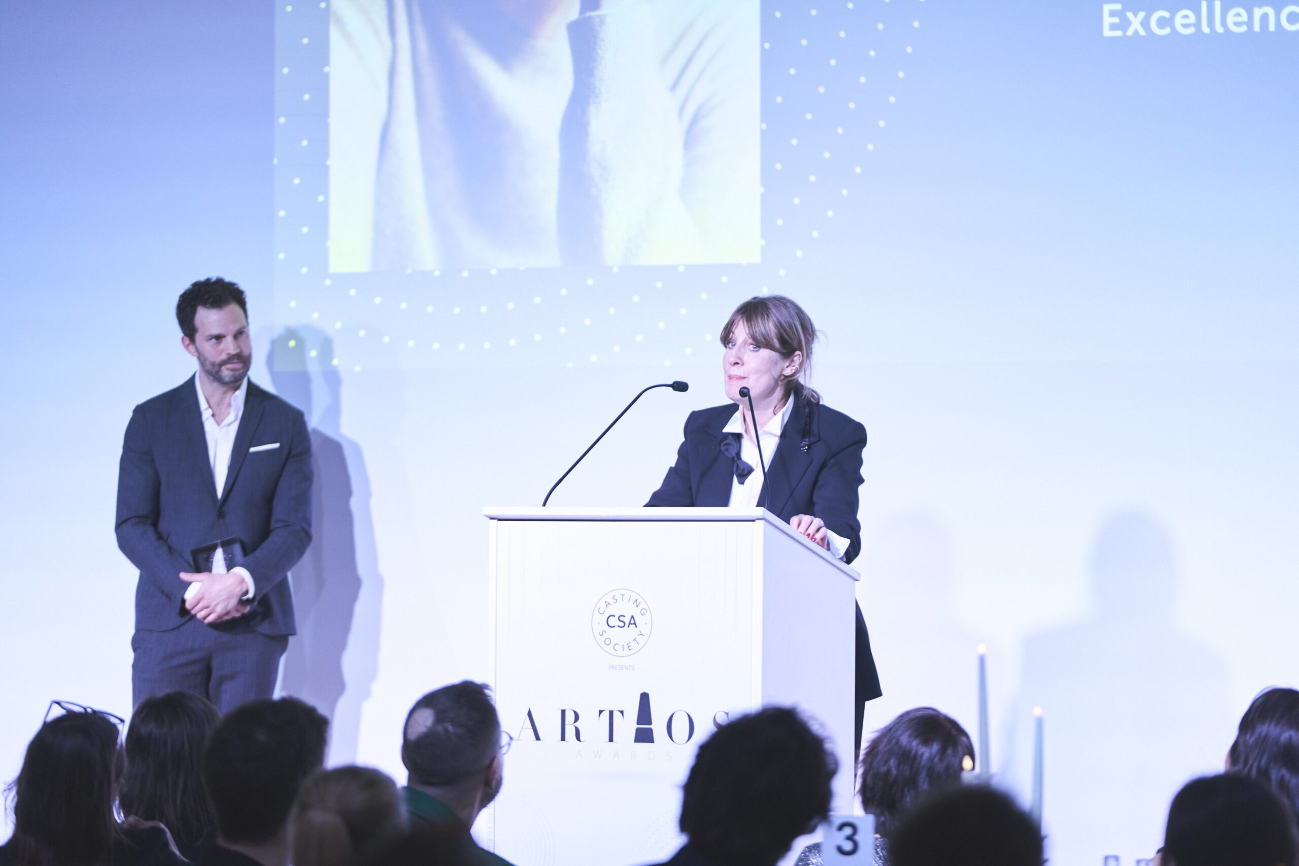 Kate Rhodes James receiving the Capelier-Shaw Award for Excellence in Casting at the Artios Awards 2026