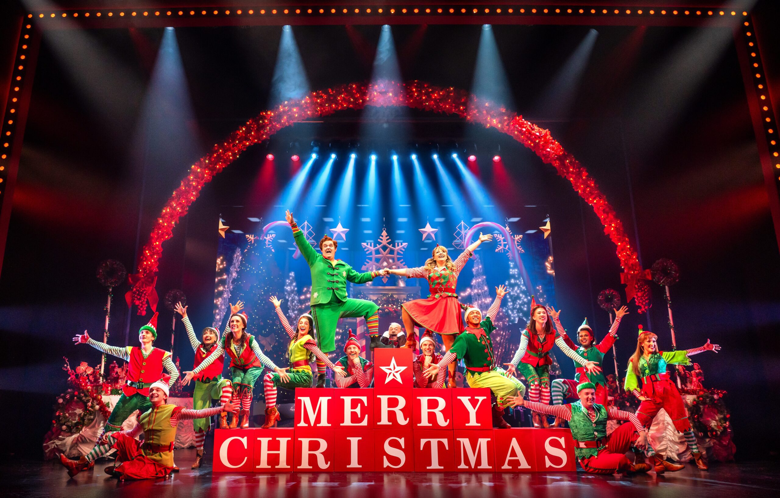Joel Montague as 'Buddy', Carrie Hope Fletcher as 'Jovie' and the cast of 'Elf the Musical'